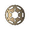 A circular metallic object with a central hole and four symmetrical cutouts, shown in multiple views including front, side, and angled perspectives.