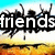 Pixelated graphic with bold white text 'friends' on black background, stylized splatter effects above and below the text against a gradient sky-to-sunset backdrop.