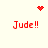 Red pixelated text 'Jude!!' appears in four quadrants with a red heart and red dot cluster animation above and below the text.