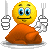 A yellow smiley face with orange clothing sits at a table with white utensils and a plate of brown food, showing multiple facial expressions.