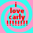 Four identical display red text 'i love carly !!!!!!!' over cyan and pink spiral backgrounds with slight pixel variations