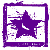 A 50x50 pixel animated buddy icon featuring a purple star with white accents inside a purple frame on the left, transitioning to a dark-haired figure with red lips and headphones on the right.