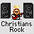 Pixel art of a bearded figure with halo playing red guitar between black speakers, text 'Christians Rock' below.