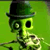 Pixelated green-skinned figure with large black eyes, wearing a dark top hat and holding a white object against a solid green background.