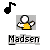 Pixelated character in yellow shirt with white head and arms, positioned under black musical note on gray background; text "Madsen" below each instance.