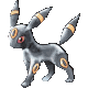 A silver-gray Pokémon with orange rings on limbs and ears, red eyes, standing in a side profile pose against a gray background.