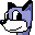 Pixelated blue and black cartoon animal head with white muzzle, showing two expressions: one with wide eyes looking left, another with narrowed eyes facing forward.
