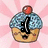 Pixelated cupcake with blue frosting, red cherry, and changing black symbols on a pink chevron background.
