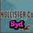 Animated icon with four distinct showing beach scene, 'Hollister Co' text, pink 'Syd', and 'DANGER' sign with green 'Kelci'