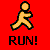 A red background displays a yellow stick figure running left with 'RUN!' text below, next to a pixelated face with long dark hair and light skin.