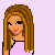 Pixel art contact sheet of a female character with long brown hair in various poses and partial views, paired with stylized text fragments on light pink background.