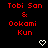 Red text "Tobi San & Ookami Kun" with white pixel hearts on black background, showing animation changes in heart shapes across frames.