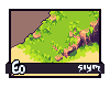 Pixel art landscape with green terrain, brown cliffs, and beige ground under a gray background.