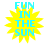 Yellow starburst shape with cyan text reading "FUN IN THE SUN" on white background.