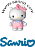 Animated Hello Kitty avatar in pink outfit with blue accents, showing front, side, and back views with bow and Sanrio text.