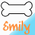 A pixelated bone-shaped outline with a black horizontal line inside, above orange text reading 'Smily' on a white and light blue gradient background.