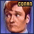 A contact sheet of five animated frames showing a cartoon-style character with reddish-brown hair and light skin, each labeled "CONAN" in yellow text on black background above the head.