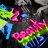Animated icon with repeating pink and green text on dark background, blue shapes shift slightly across frames.