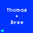 Blue background with white text 'Thomas + Bree' repeated , each containing a vertical stack of cyan heart symbols increasing from one to five hearts
