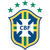 Pixelated Brazilian national football team crest with blue shield, yellow border, green vertical stripe, white cross, and five green stars above on gray background