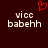 Dark red background with two identical pixelated text blocks reading 'vice babeih' and a small red heart symbol above the left block.