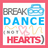 Pixelated icon with pink border, blue and red text reading "BREAK DANCE IN HEARTS" over white background.