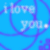 Blue background with overlapping purple and white circular lines, pixelated text reading "I LOVE YOU." in white.