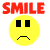 Yellow smiley face icon with black square eyes and a mouth that changes expression , above red 'SMILE' text