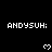 Black background displays repeated 'ANDYSUH:' text with white pixelated hearts below each instance, some hearts animated to change shape.