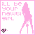 Pixel art animation of a pink silhouette woman with text "iLL be your nawti girl" on white background, showing sequential heart and line animations.