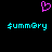 A static pixel art image with a black background, featuring a pink heart symbol above two cyan "$summary" text strings.