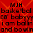 Red background with orange geometric pattern, black text repeating 'MJH', 'basketball 08' babyyy', 'i am ballin and bowling' in pixelated font.