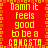 Red background with yellow pixelated text repeating 'Damn it feels good to be a COMCSTO' in a pattern, bordered by orange pixelated squares