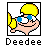 Pixelated cartoon character with yellow hair and blue eyes in a black square frame, below which is the text "Deedee" on white background.
