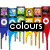 four distinct pixelated icons with text overlays: 'colours' with paint drips, 'make' with a heart outline, 'rainbow' with a swirl, and a blank gray square