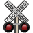 Animated sequence of three identical railroad crossing signs with red lights, showing progressive light activation from left to right across frames.
