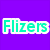 Purple background with green text 'Flizers' and a black horse on grass, two ice cream cones on black background.