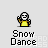 Pixelated character in yellow outfit with white face and black hair performing various dance poses under 'Snow Dance' text.