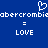 Blue background with white pixelated text and symbols, including a heart shape above repeated 'obercrombie' text and two '= LOVE' lines.