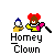 Pixel art character with red puffs, brown face, yellow shirt, pink scarf, and black microphone against gray background with 'Honey Clown' text.