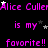 Animated text repeats 'Alice Culler is my favorite!!' in pink with white stars on black background.