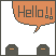 Pixelated panda head appears in four with orange speech bubble reading 'Hello!!' above, gray background and dark brown objects below