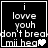 Black background with white pixelated text reading "i love you don't break mi heart" and a small heart symbol, displayed in four showing animation changes