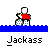 Pixelated character in red shirt and white pants riding a bicycle on blue background with 'Jackass' text below.