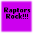 Purple square icon with black pixelated text "Raptors Rock!!!" centered on a solid background.