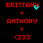 Red pixelated text on black background shows 'BRITTANY + ANTHONY = (333)' with cyan particle effects near the names.