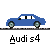 Blue sedan car icon with four wheels and windows, displayed in a on gray background