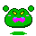 A 6-frame animated contact sheet of a green pixelated frog-like mascot with yellow eyes, pink cheeks, and purple mouth across two rows on a gray background.