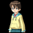 Pixelated anime-style character in yellow hoodie with blue accents and red undershirt, standing beside stylized text on black background.