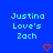 Blue background with repeated light blue text 'Justina Love's Zach' and orange pixelated hearts in a
